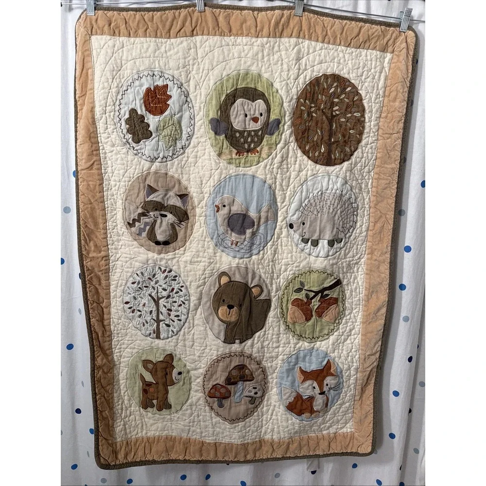 Carter's Baby Quilted Blanket Forest Animals & Mushrooms Embroidered Reversible